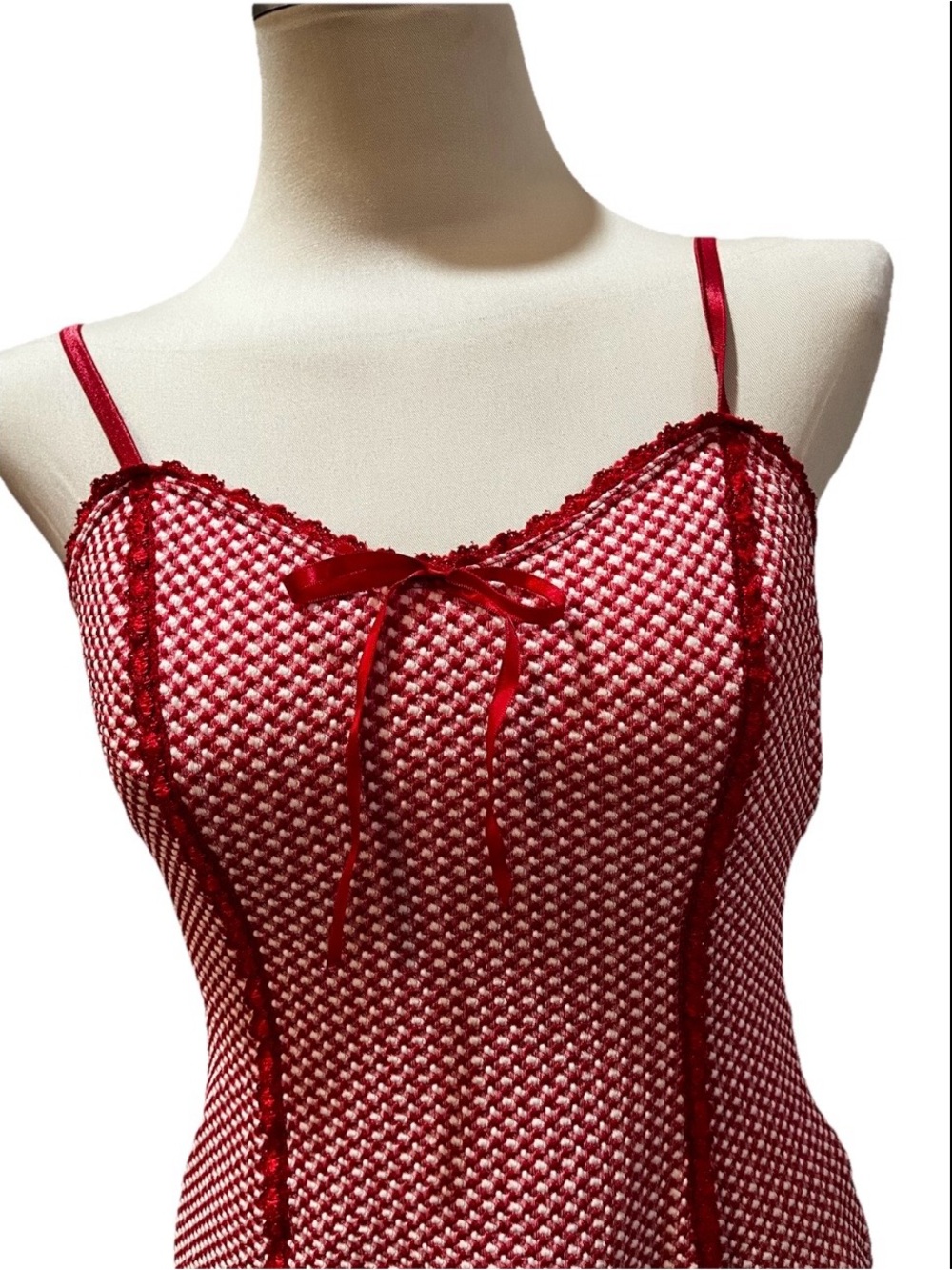 Red and White Gingham Lace-Trim Cami